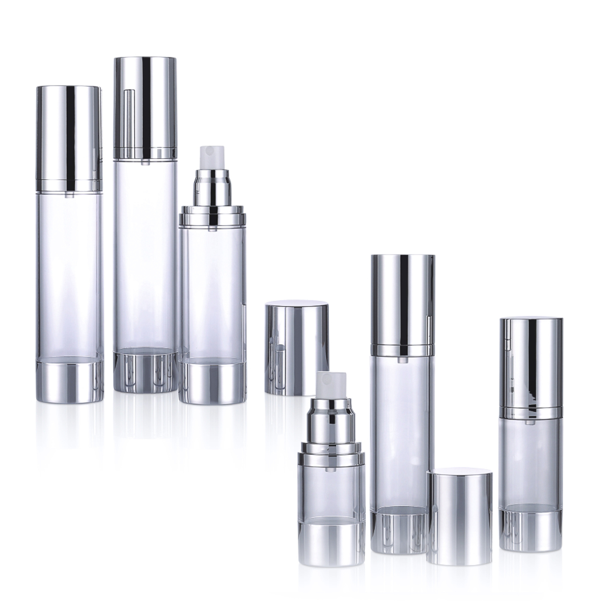 15 ml 30 ml 50 ml 80 ml 100 ml 120 ml Ikke -spild Luksus Transparent kosmetisk luftløs lotionspumpeflaske med sølvhætte L04